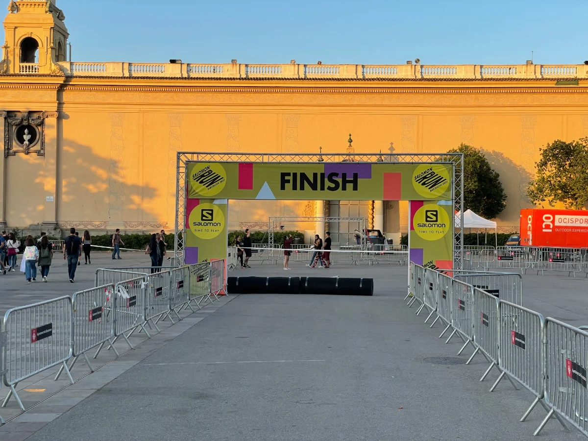 An empty finish gantry after a race