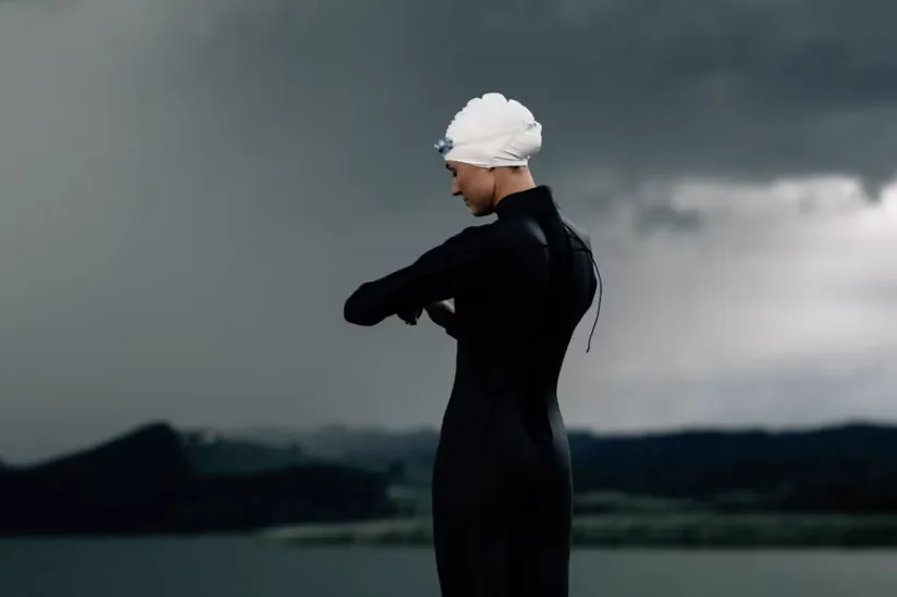 A swimmer in a wetsuit checking a watch on a jetty under storm cloud